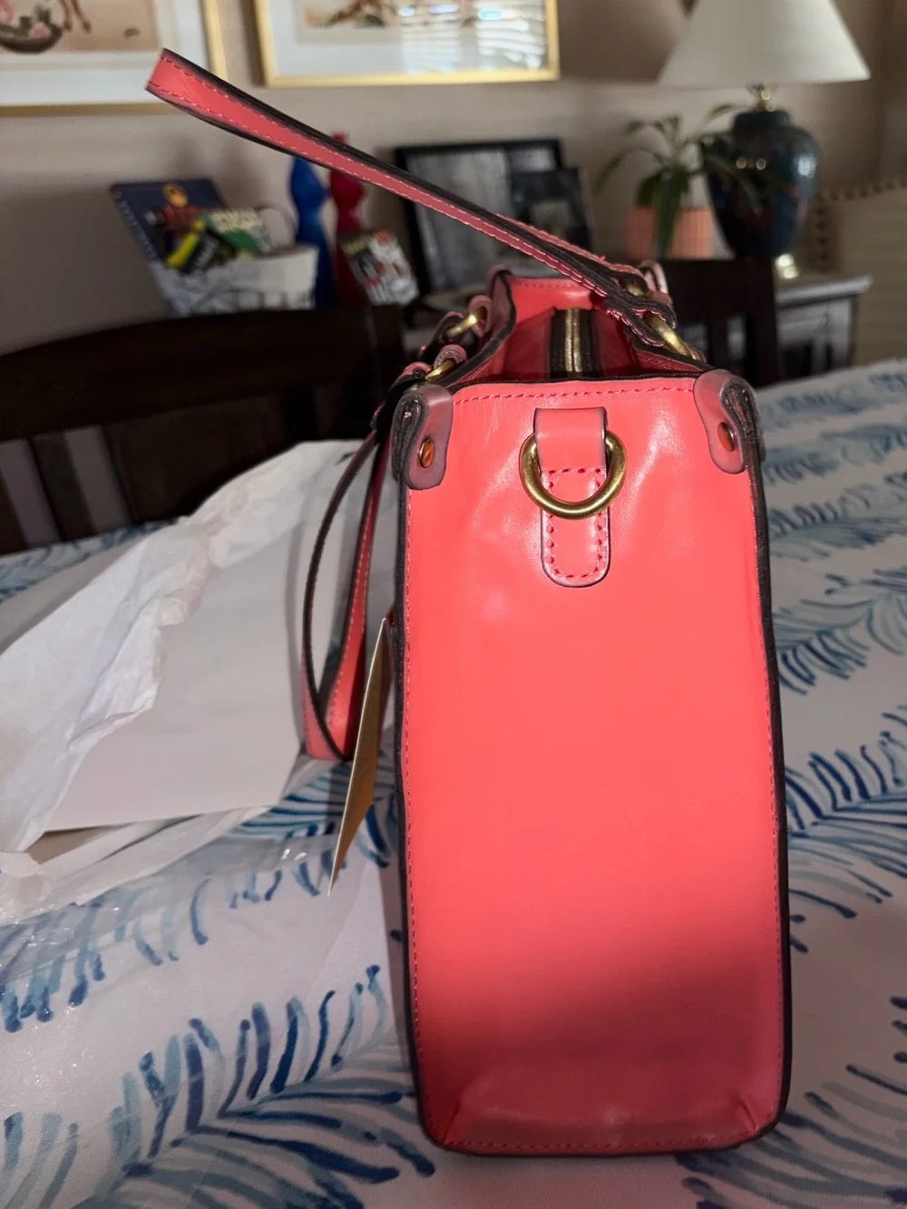 Patricia Nash Coral Red Leather Tote with Detachable Strap